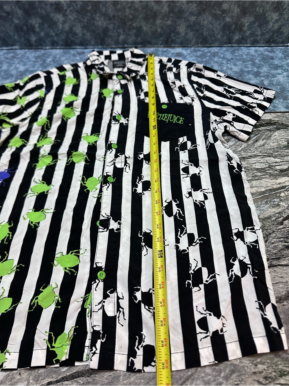 Beetlejuice Black & White Striped Button-Up Shirt with Neon Beetles XL - Picture 5 of 6